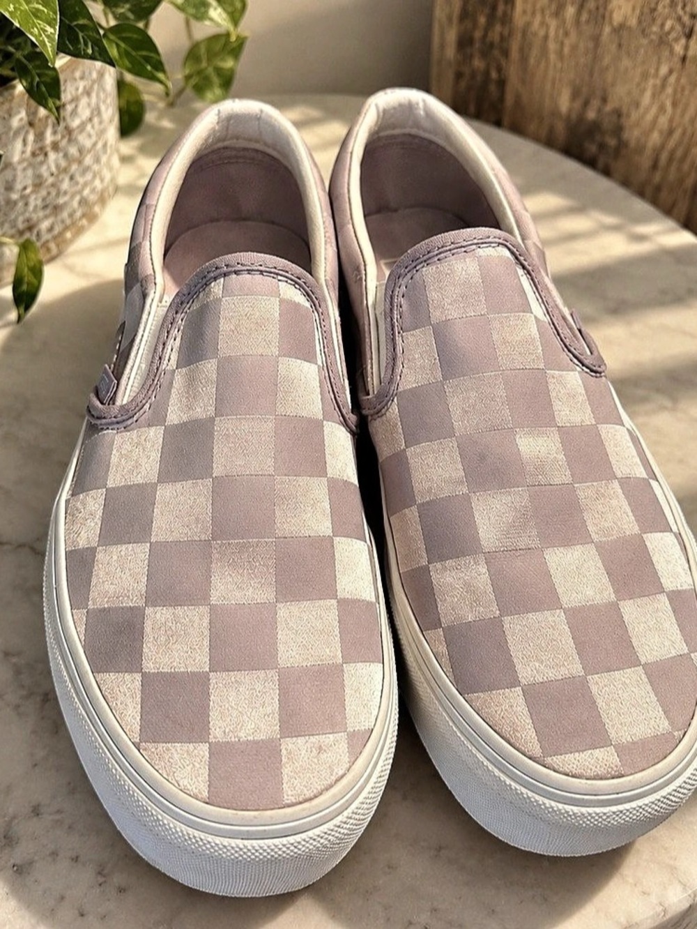 Vans Classic Slip-On Satin Purple Iridescent Checkerboard Pink & White US 7
